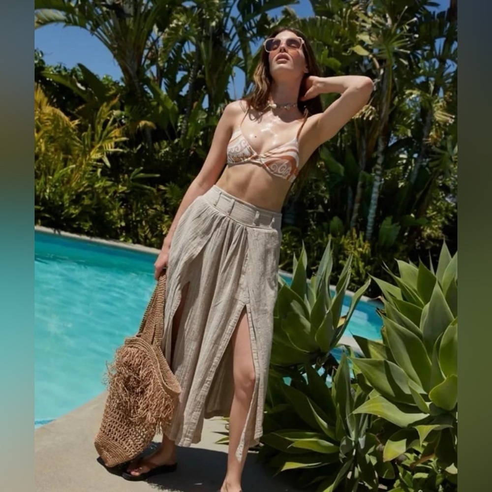 Free People Cream Wide-Leg Linen Split Skirt Pants